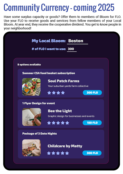 illustration of goods and services available for FLO: babysitting, graphic design, local food basket