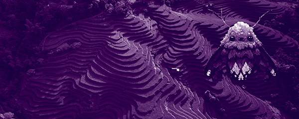 purple yeti moth in a landscape - silly monster