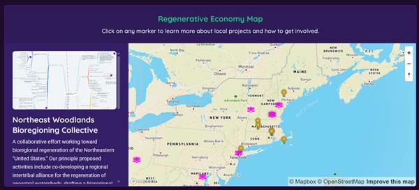 Screenshot of Regenerative Economy Map showing interactive markers for local projects, businesses, and community initiatives